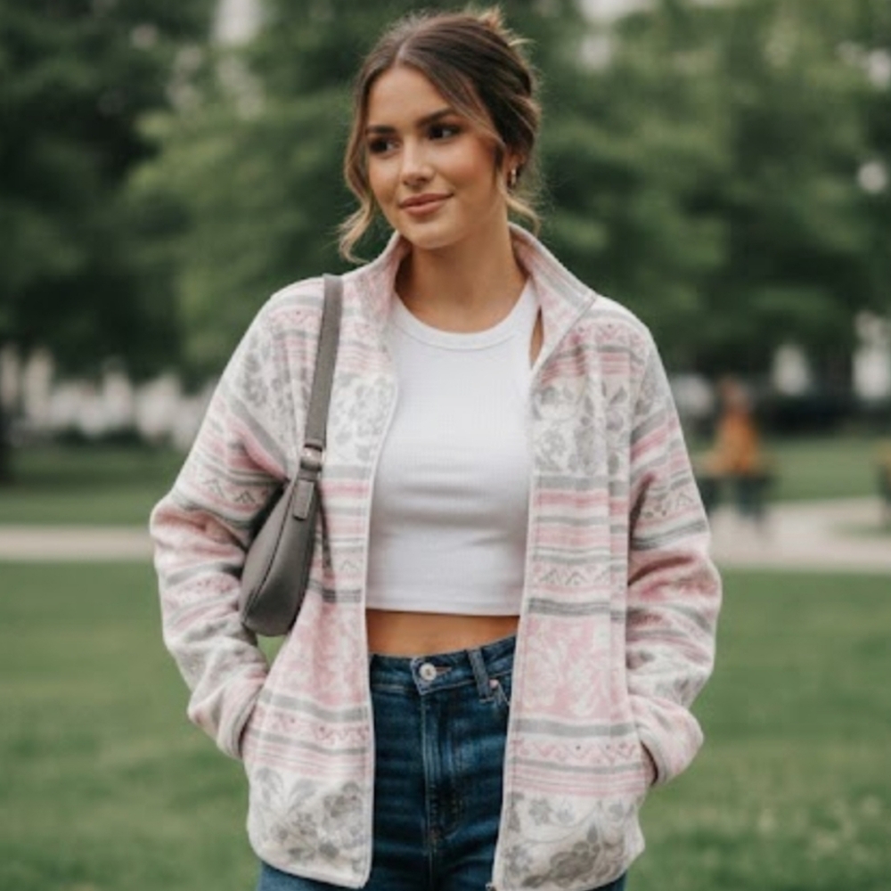 Alia Granny Cottagecore Soft Pastel Pink/Grey Zipped Cardigan Jacket SZ M/L